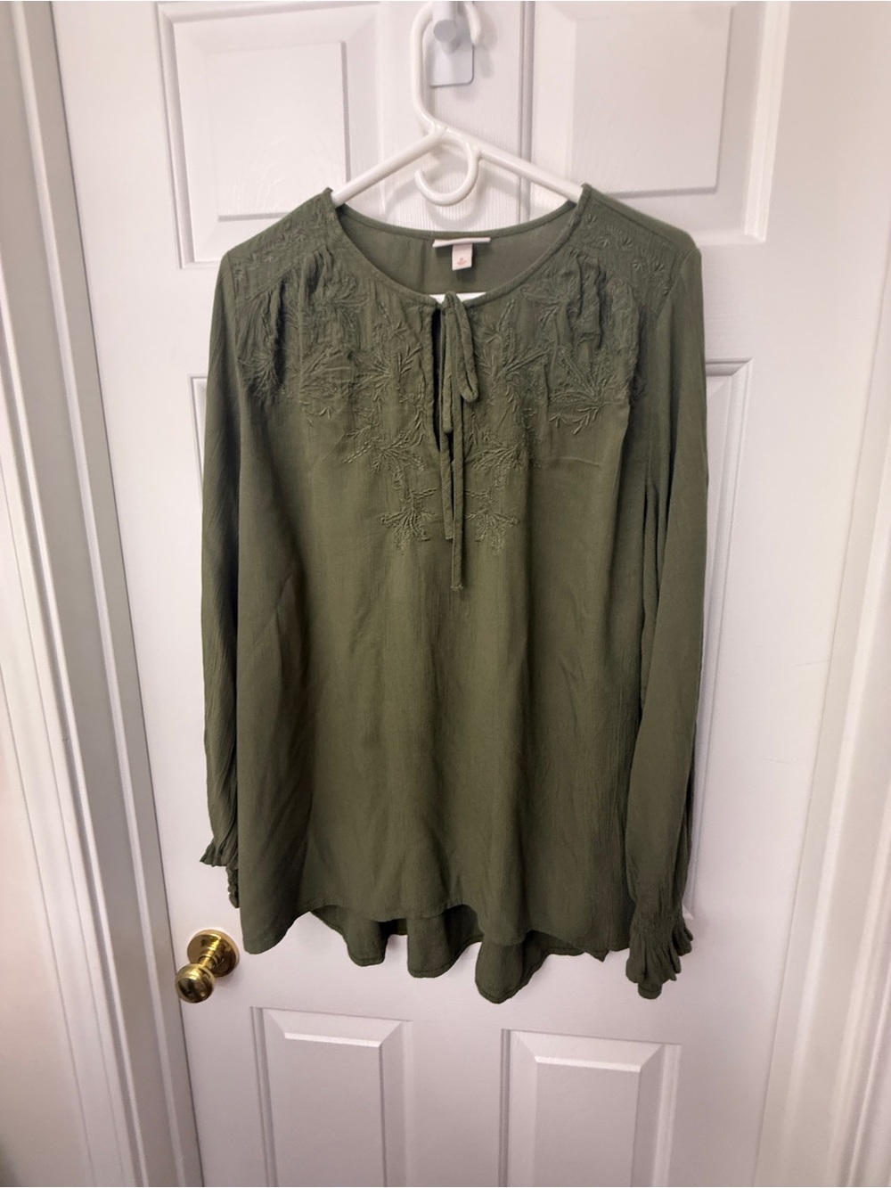 Knox Rose Olive Embroidered Tie-Neck Tunic